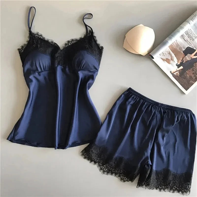 Women Pajama Set Fashion V Neck Stretch Satin Babydoll Lace Sexy Lingerie Bowknot Nightgown Sleep Shorts Set Sleepwear