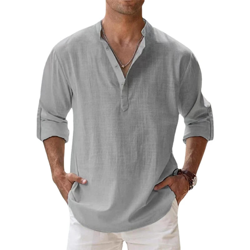 2023 New Men's Linen Long Sleeve Breathable Shirt Solid Color Casual  Basic Cotton Linen Shirt Tops  S-5XL