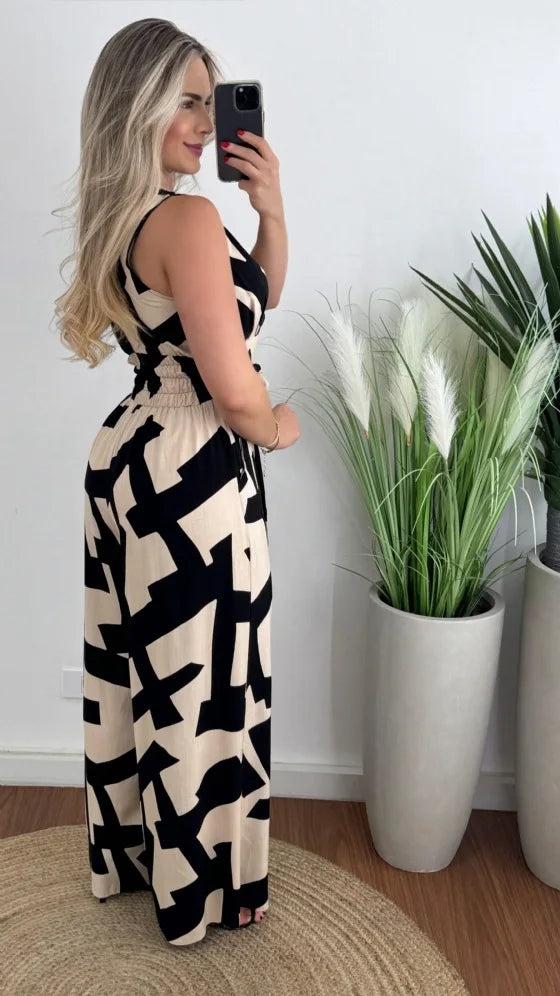 Autumn Women's Fashionable And Casual Jumpsuit Color Matching Deep V-waist Tied Sleeveless Mid Waist Straight Jumpsuit Women