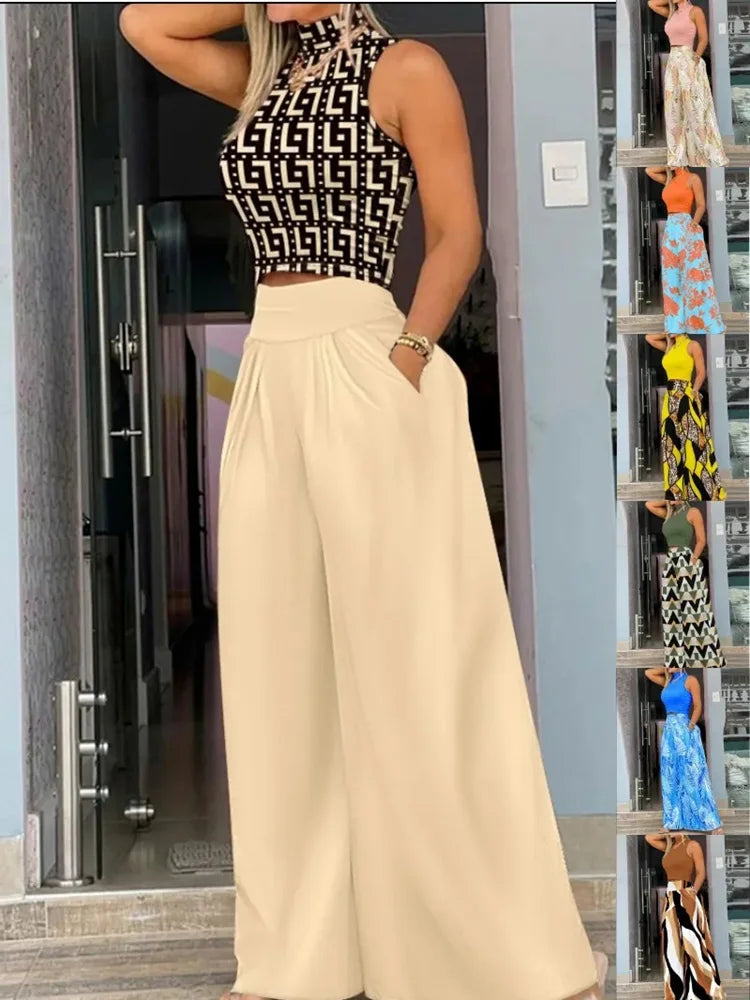 2025 Summer Fashion Printing Two Piece Set Women Casual Solid Sleeveless Tank Top Wide Leg Pants Two Piece Set Women