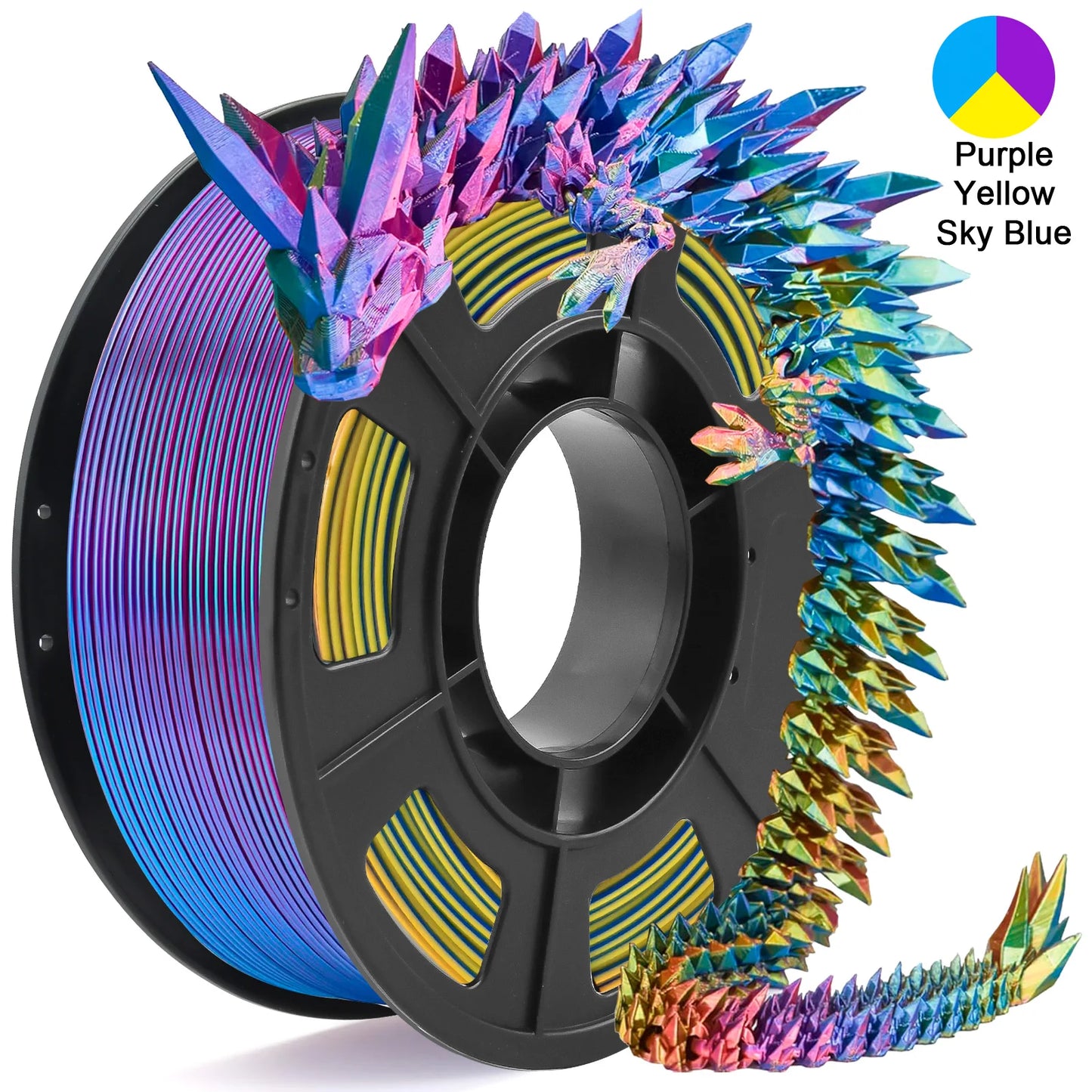 Tricolor Silk PLA 3D Printer Filament, 1.75mm Multicolor 3D Printing Filament, Purple&Sky Blue&Yellow Filament, 250g (0.55lbs)