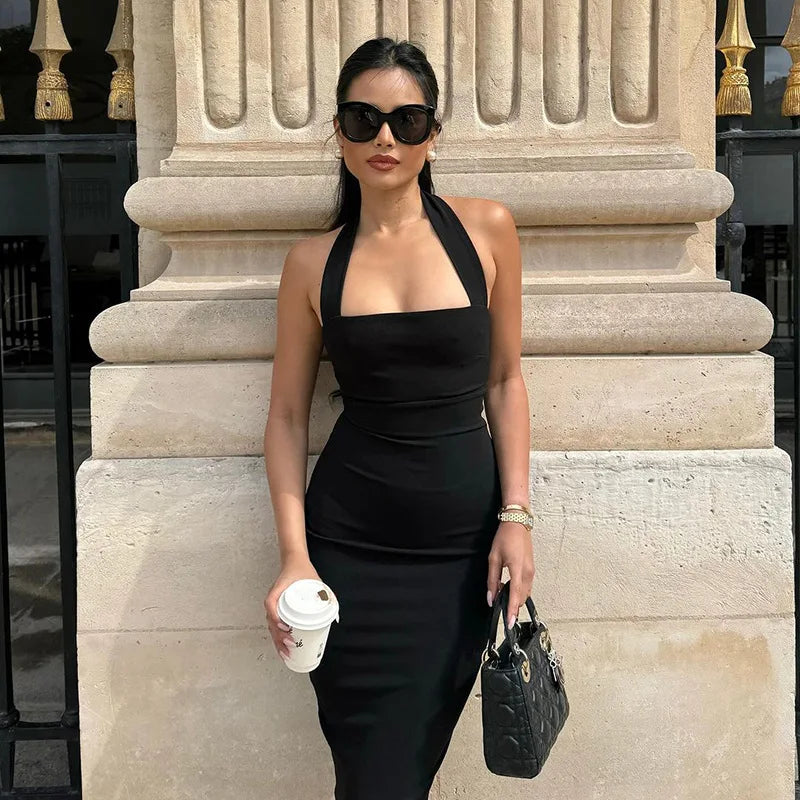 Ladies Summer Elegant New Midi Dress Women Sleeveless Backless Halter Long Dresses Evening Party Club Streetwear Woman Clothes