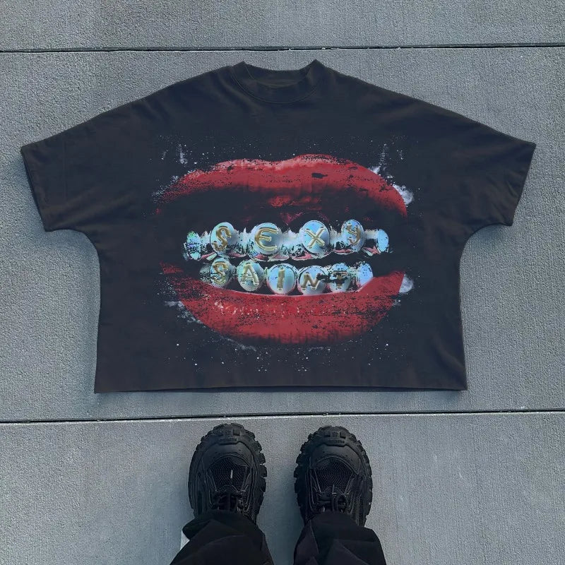 Y2K vintage men t shirts gothic print pattern Streetwear oversized t shirt Hip Hop men women Harajuku Punk Cotton Loose t shirt