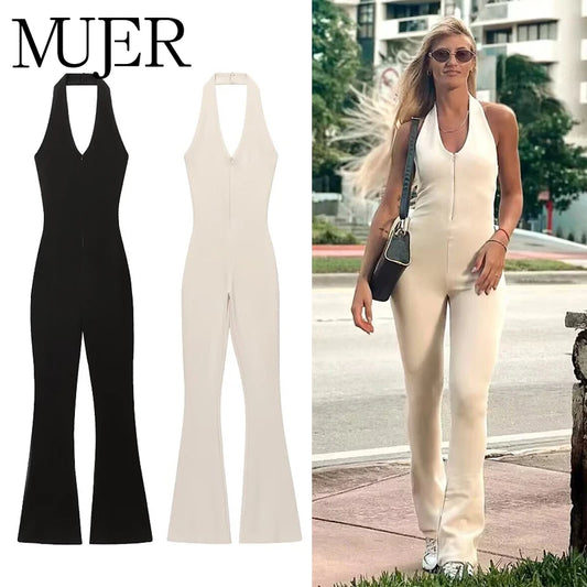 MUJER 2025 Long Jumpsuit Woman Flared Fitness Jumpsuits for Women Black Summer Woman Jumpsuit Sexy Sleeveless Backless Overalls