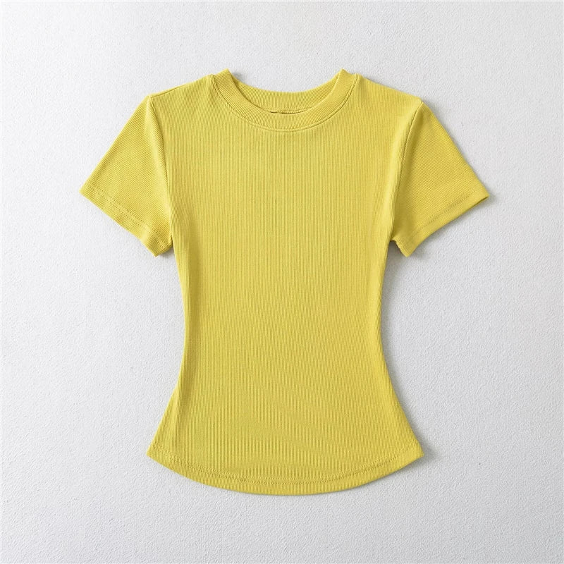 LUNDUNSHIJIA 2024 Summer Sexy Women Basic O-neck Short Sleeve T-shirt Ladies Slim Elasticity Cotton Tee Tops 12 Colors