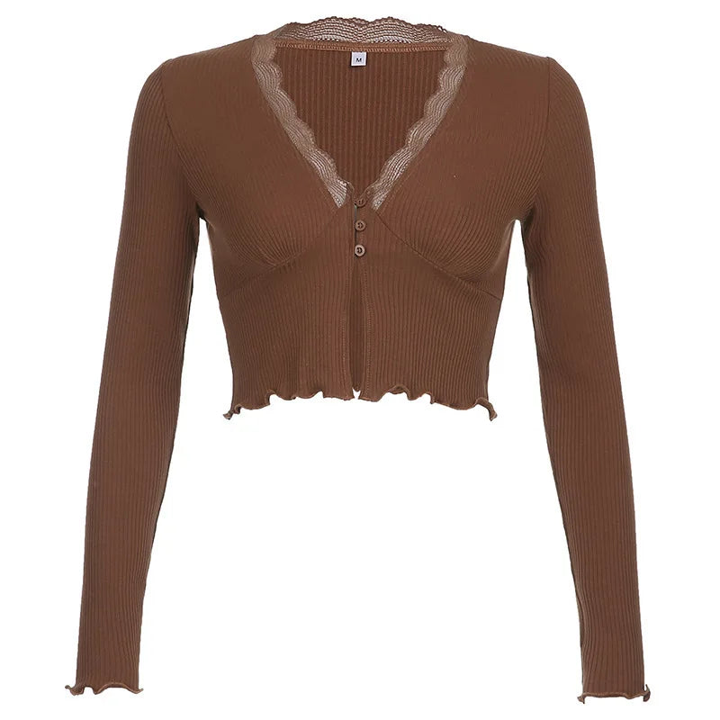 Female Clothing Solid Color Lace Splicing Wood Ear Edge Pit Strip cardigan Long Sleeve T-shirt casual V-neck Top Women's blouse
