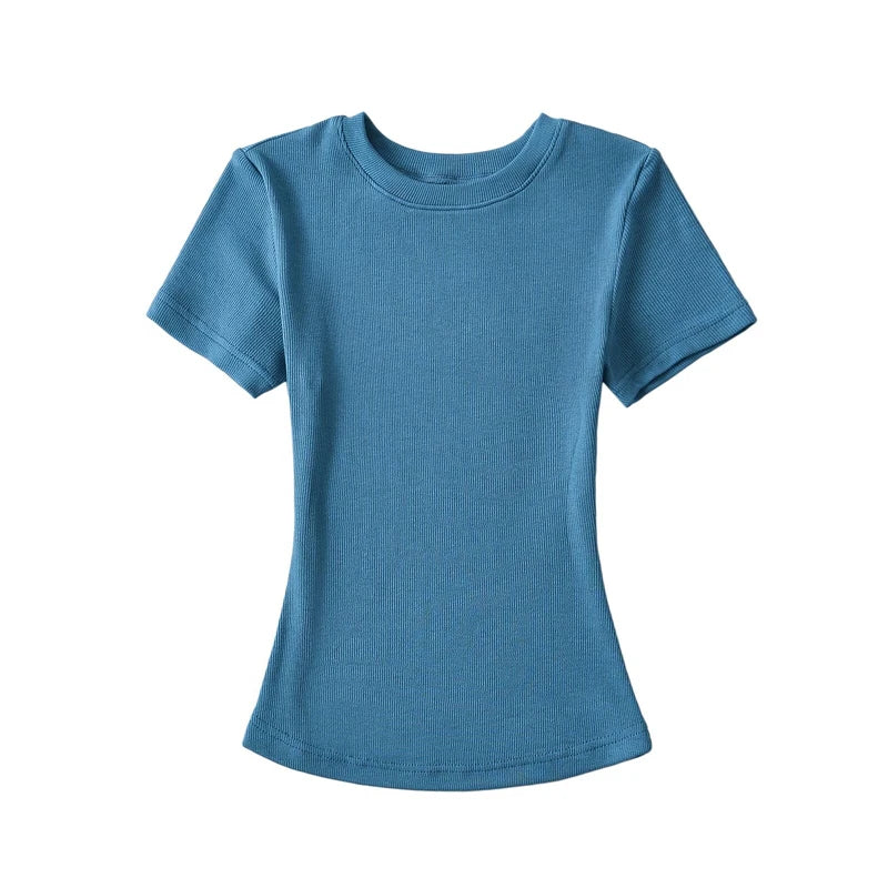 LUNDUNSHIJIA 2024 Summer Sexy Women Basic O-neck Short Sleeve T-shirt Ladies Slim Elasticity Cotton Tee Tops 12 Colors