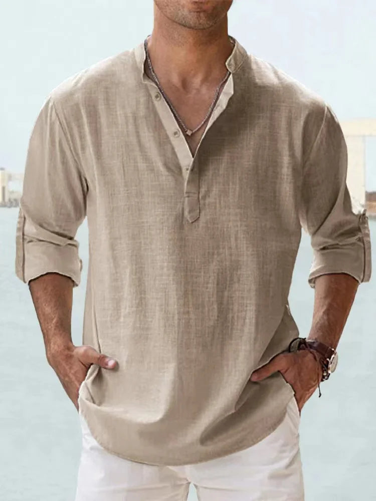 2023 New Men's Linen Long Sleeve Breathable Shirt Solid Color Casual  Basic Cotton Linen Shirt Tops  S-5XL