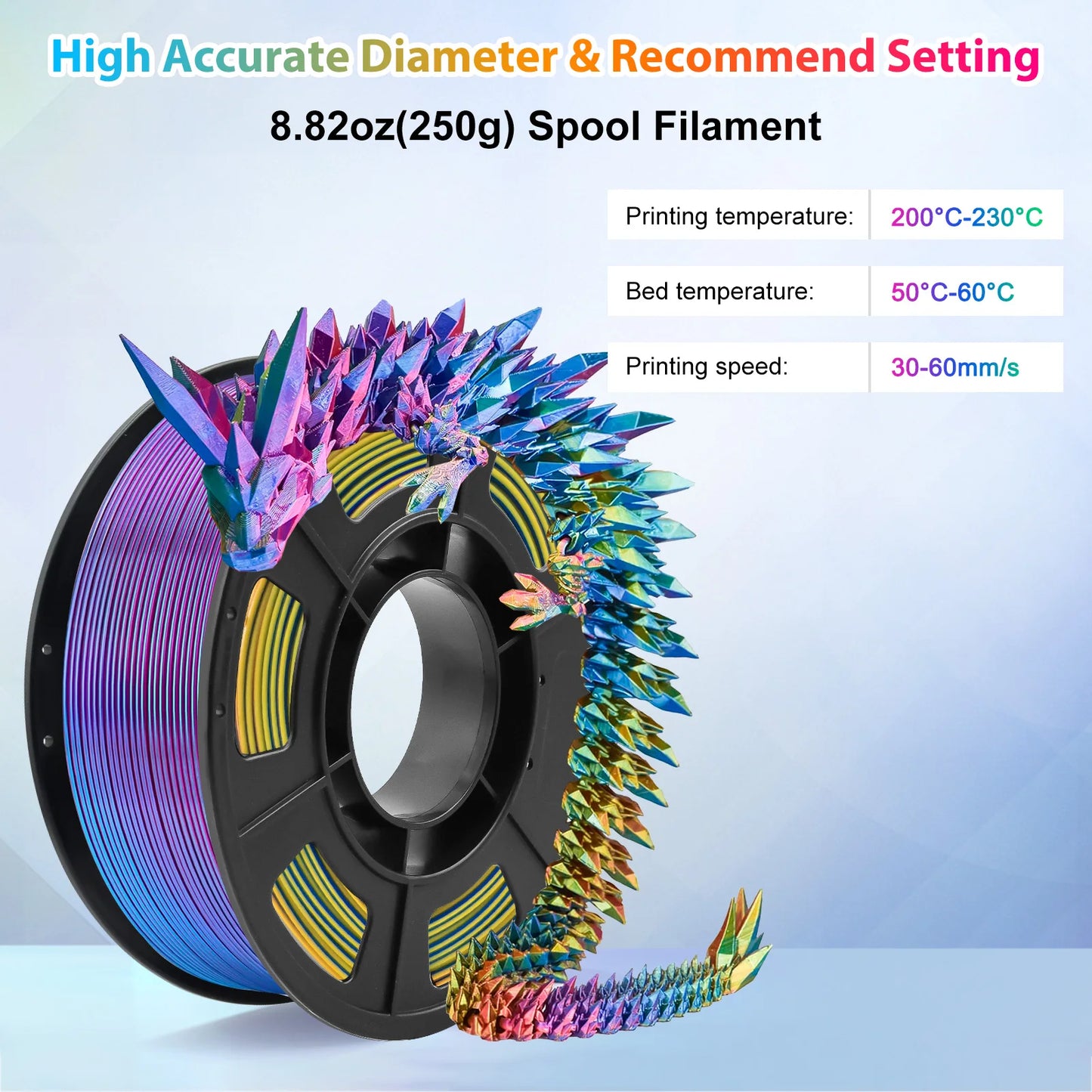 Tricolor Silk PLA 3D Printer Filament, 1.75mm Multicolor 3D Printing Filament, Purple&Sky Blue&Yellow Filament, 250g (0.55lbs)
