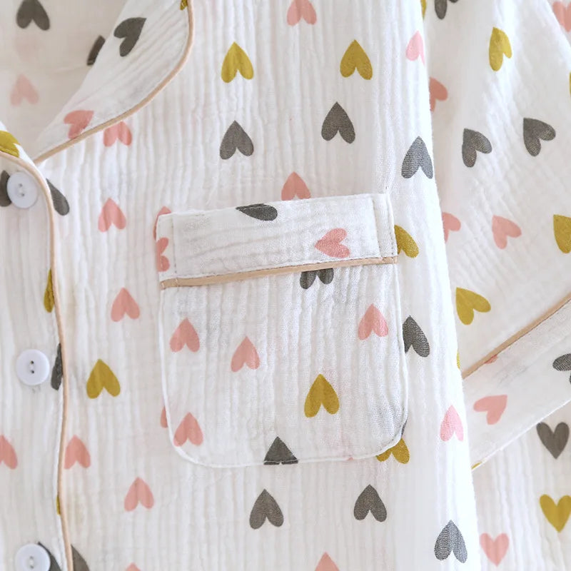 Small Love Heart Printed Cotton Pajamas for Women Three Piece Set Spring and Summer Short Sleeved Shorts Homewear Long Pants Set