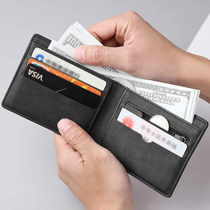 Men's Genuine PU Leather Wallet - Short Vintage Zipper Design with Money Clip, Soft Business Wallet for Students