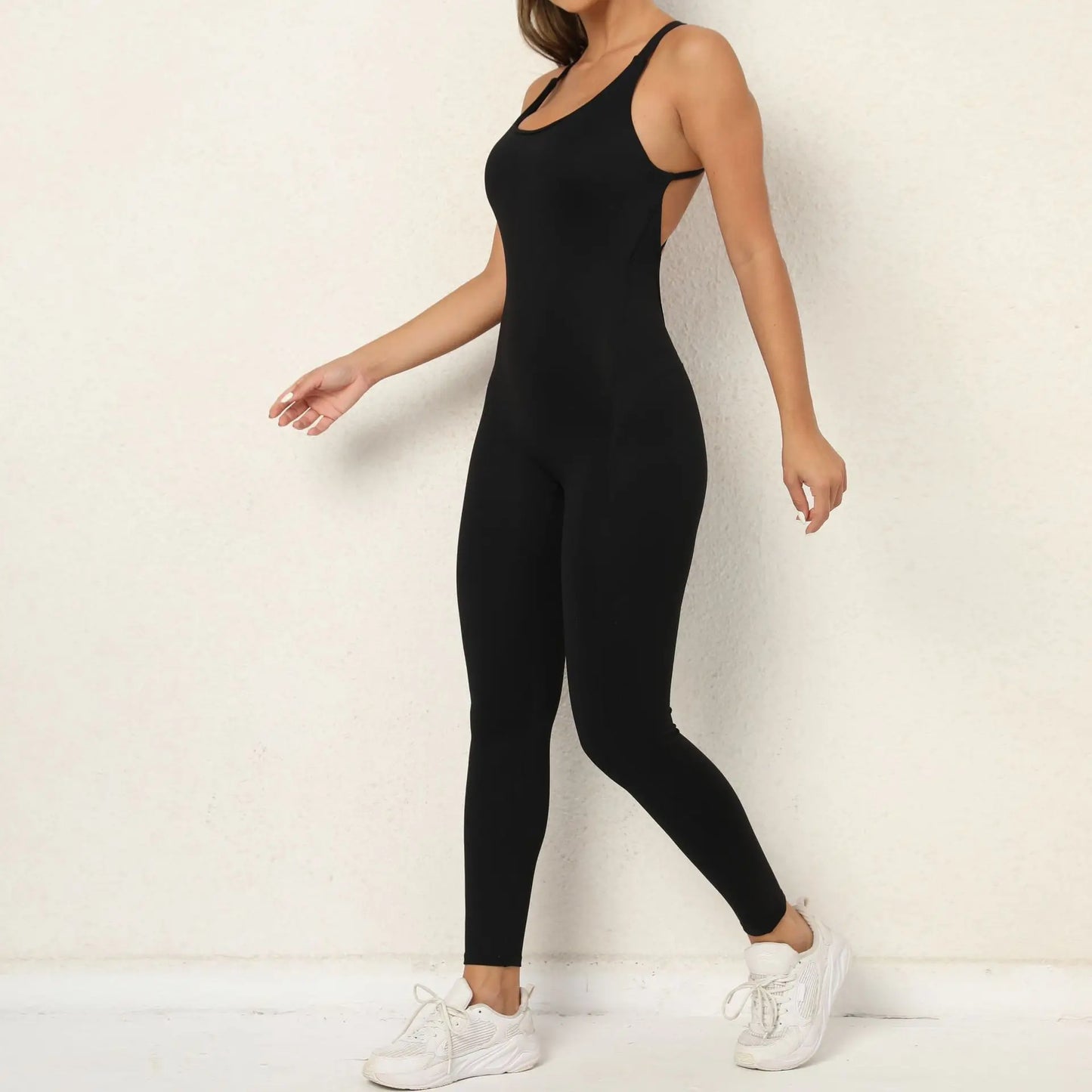 Sexy Backless Bodycon Scrunch Jumpsuit Raises Butt Women Dance Fitness Overalls for Women Sleeveless Yoga Sport Jump Suit Black