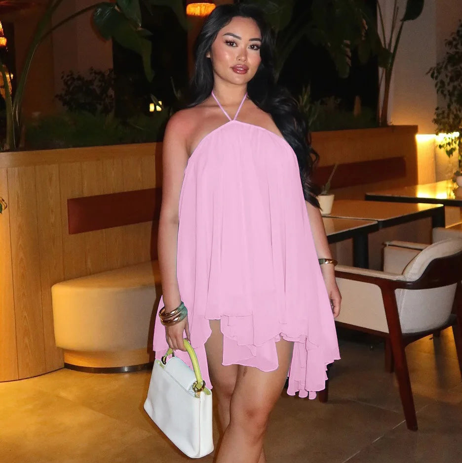 Ladies Summer Chiffon New Fashion Clubwear Dress Women Sleeveless Backless Halter Mini Dresses Birthday Party Streetwear Clothes