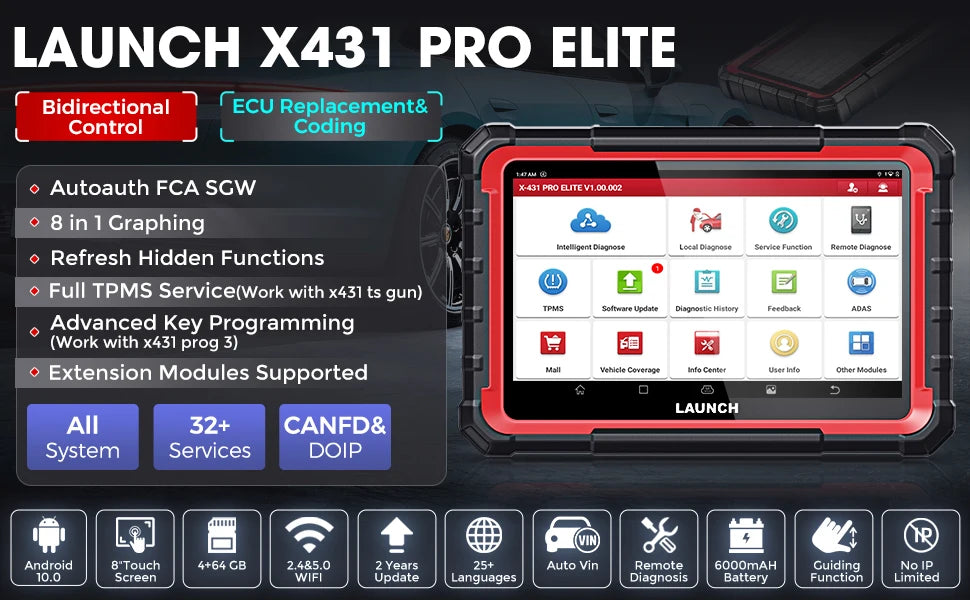 2025 LAUNCH X431 PRO ELITE 8 inches ECU Coding Active Test CAN FD DOIP all system Car diagnostic tools 31 Resets OBD Scanner