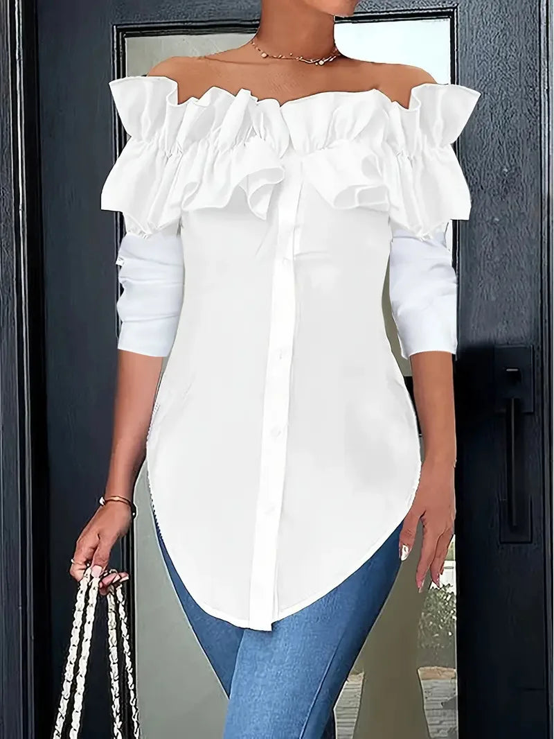Sexy One-piece Collar Slim White Shirt And Blouses Women's Summer Short Sleeve Fashion Ruffle Button Cardigan Female Shirts Top