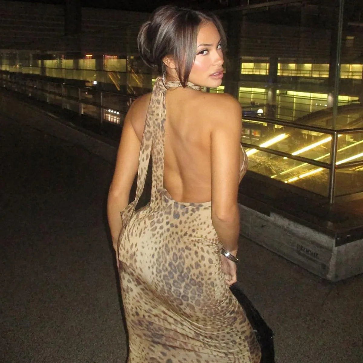Ladies Summer Leopard Print New Fashion Evening Party Dress Women Sleeveless Backless Halter Midi Dresses Woman Clothes Clubwear