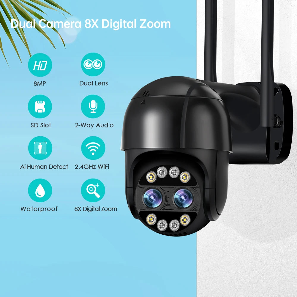 8MP 4K Dual Lens PTZ IP Camera 8x Hybrid Zoom 2.8+12mm Human Detection 4MP Audio Security ICsee Video Surveillance WiFi Camera