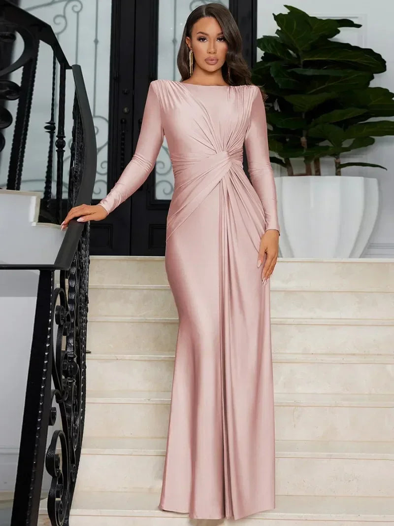 New Elegant High Waist Folds Long Maxi Pink Dresses for Women 2025 Chic O-neck Long Sleeve Tunics Slim Solid Party Evening Dress