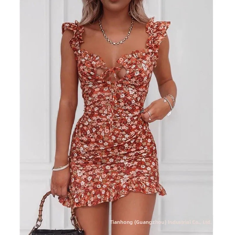 Floral Print ort Dr Women's Faion  Skirt Sle High Waist No Sve Floral ter Ne Gown Spring Season Polyeste...