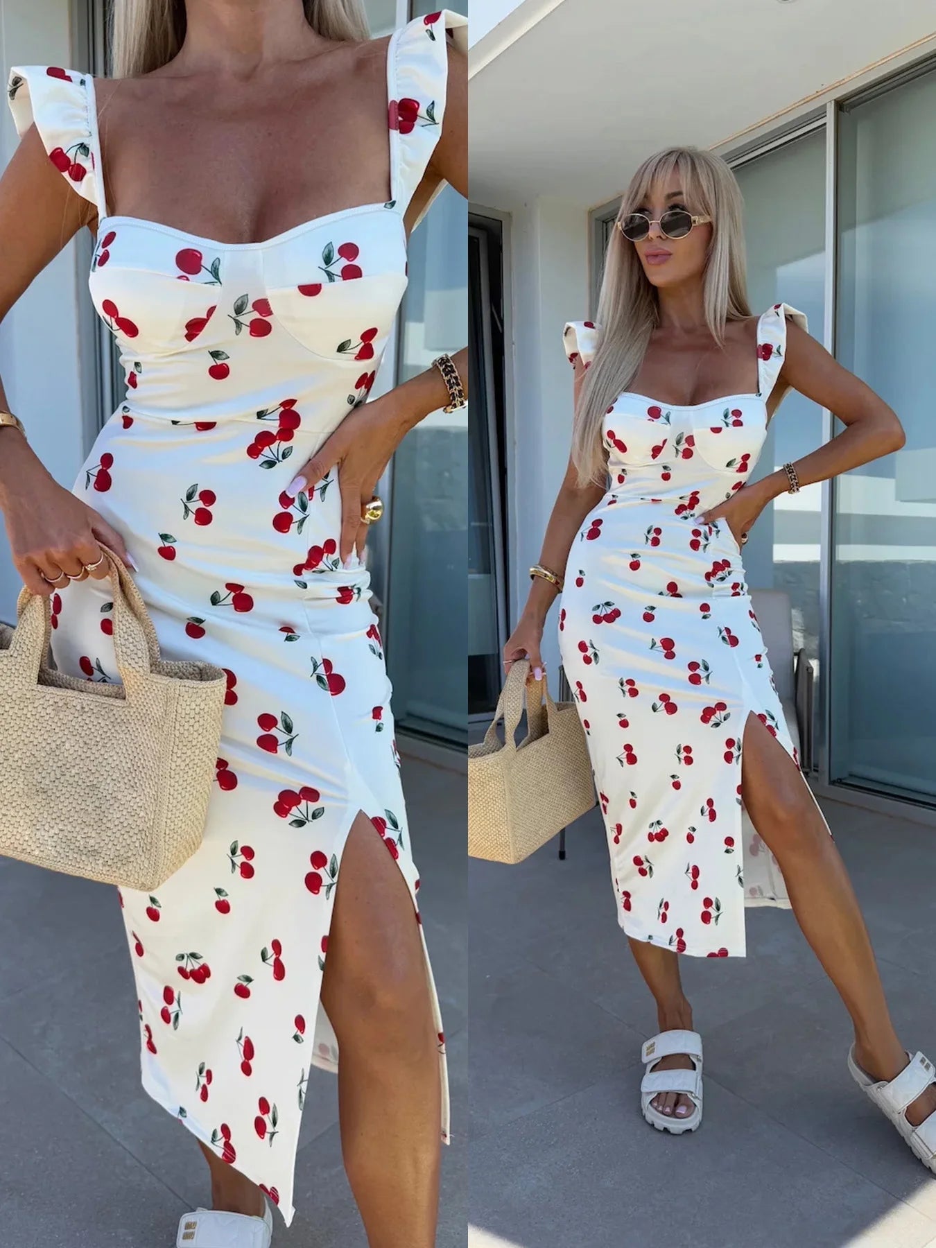 European and American summer new elegant design French flower suspender slit midi-length ladies dress