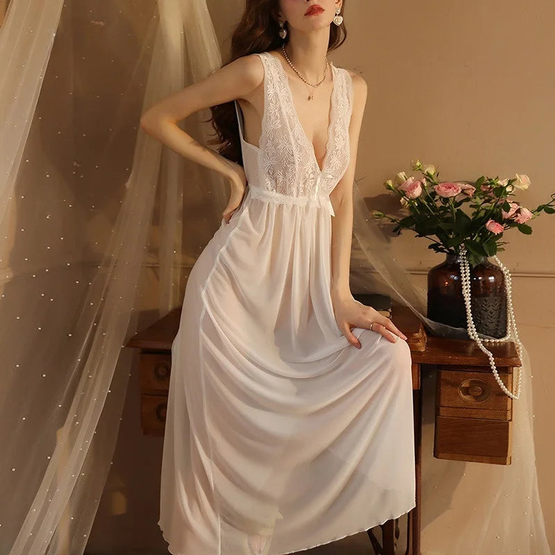 2025 Sheer Mesh Chemise Nightgown Adjustable Straps Full Length Lingerie Set Comfort Stretch Women Sleepwear Night Dress Woman