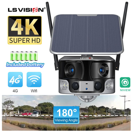 LS VISION 8MP 4G Solar Security Camera Outdoor WIFI 180° Ultra Wide View Angle 4X Zoom Dual Lens PIR Human Detection CCTV Camera
