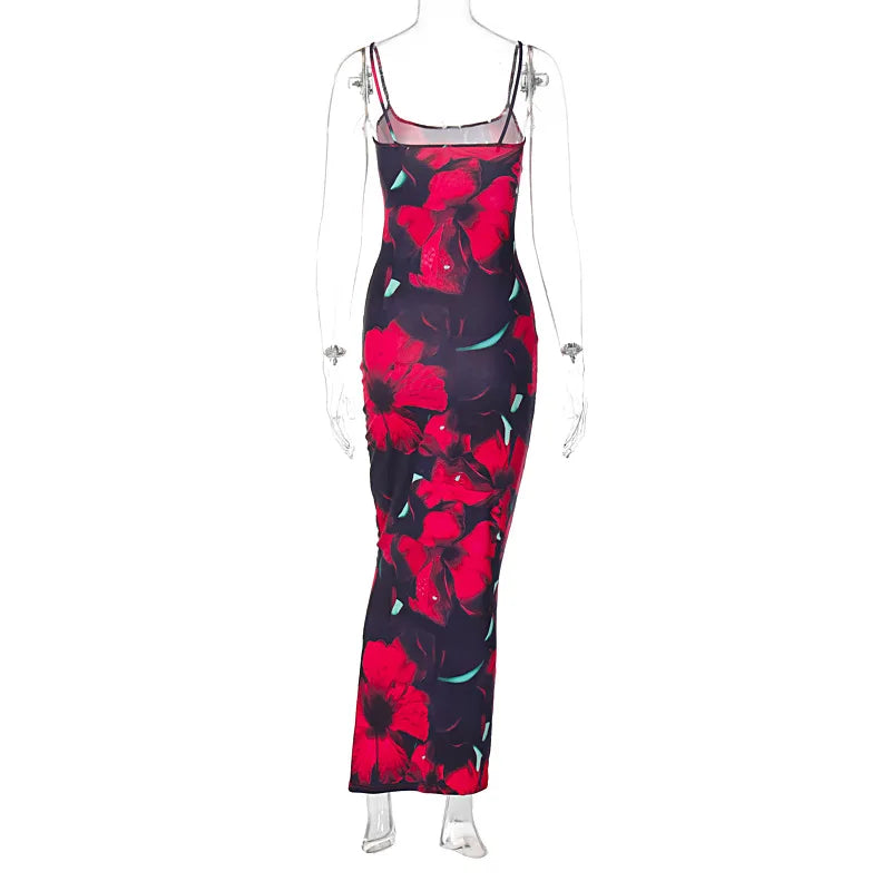 Ladies Summer Floral Print New Fashion Birthday Party Dress Women Sleeveless Backless Sexy Bodycon Maxi Dresses Club Streetwear