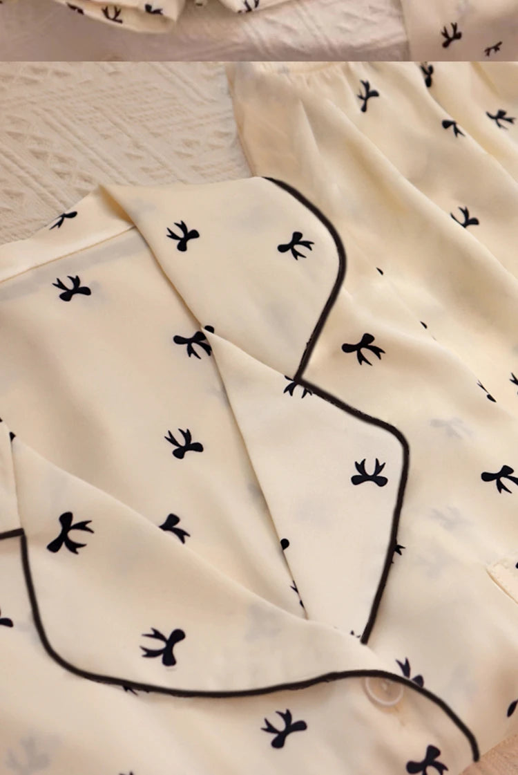 Sweet Cute Lace Flower Side Bow Print Women's Pajamas Simulated Silk Short Summer Cool Lady Lounges 2024 New Classy Y2k Homewear
