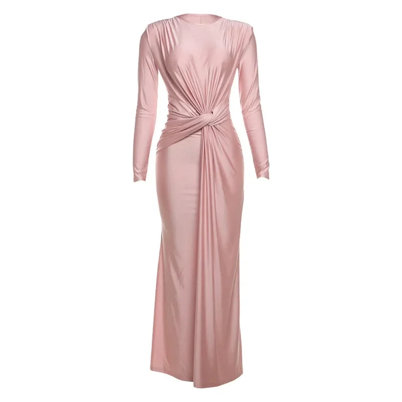 Elegant High Waist Pleated Maxi Dress Women's New Solid O Neck Long Sleeve Slim Dress Luxury Party Evening Gown Robe