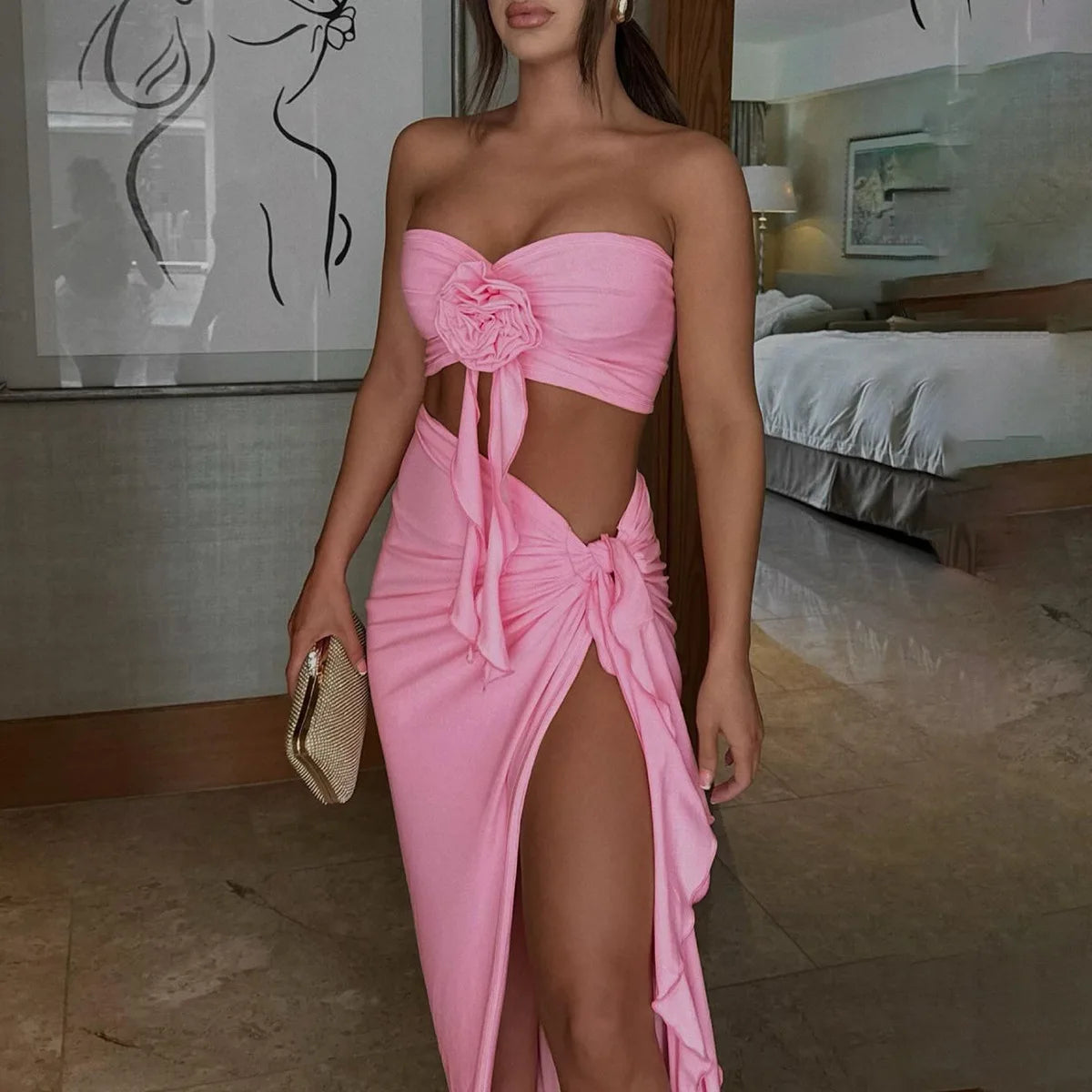 Ladies Matching Suit Applique Strapless Ruched Crop Top Ruffles Split Midi Dress Set Women Summer Party Club Y2K Fashion Outfits