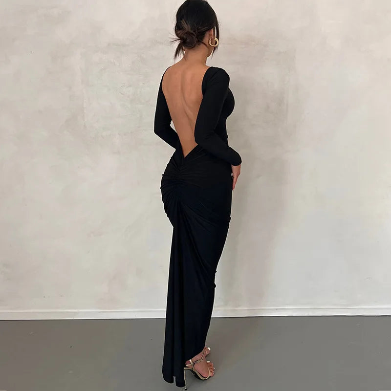 Ladies Autumn Elegant Evening Party Dress Women Long Sleeve Backless Ruched Fashion Long Dresses Woman Clothes Birthday Clubwear