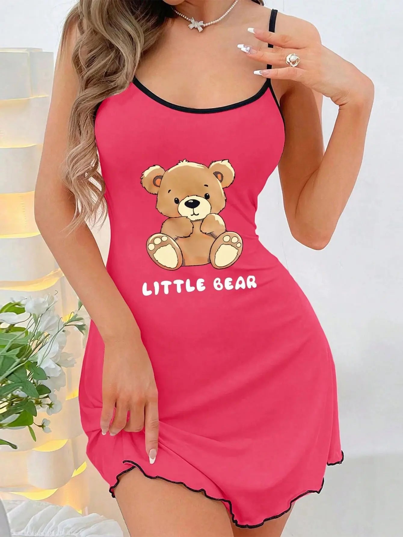 New Womens Sexy Little Bear Print Nightgown Cute Cami Sleep Dress Mini Spaghetti Strap Lettuce Hem Contrast Trim Loungewear