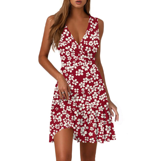 Women's Summer Sleeveless Sexy Wrap V Neck Floral Sundress Mini Dress Ladies Casual Fashion V-Neck Sleeveless Floral Print Dress