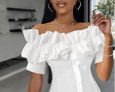 Sexy One-piece Collar Slim White Shirt And Blouses Women's Summer Short Sleeve Fashion Ruffle Button Cardigan Female Shirts Top