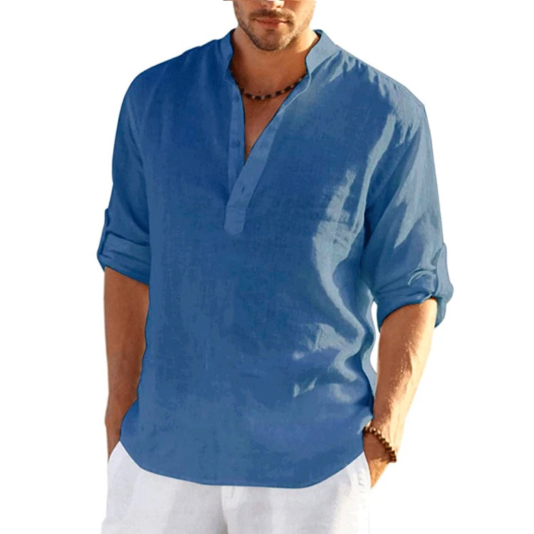 2023 New Men's Linen Long Sleeve T-Shirt Solid Color Loose Casual T-Shirt Long Sleeve Cotton Linen Shirt S-5XL