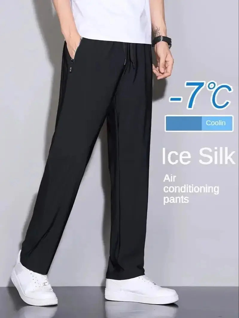 Men's Thin Ice Silk Straight-Leg Pants - Breathable, Quick-Drying and High Elasticity, Casual Loose Style with Drawstring Belt, Beige Suitable for Summer and Autumn, Fitness Training and Daily Wear, Sports Activity Pants, Smo