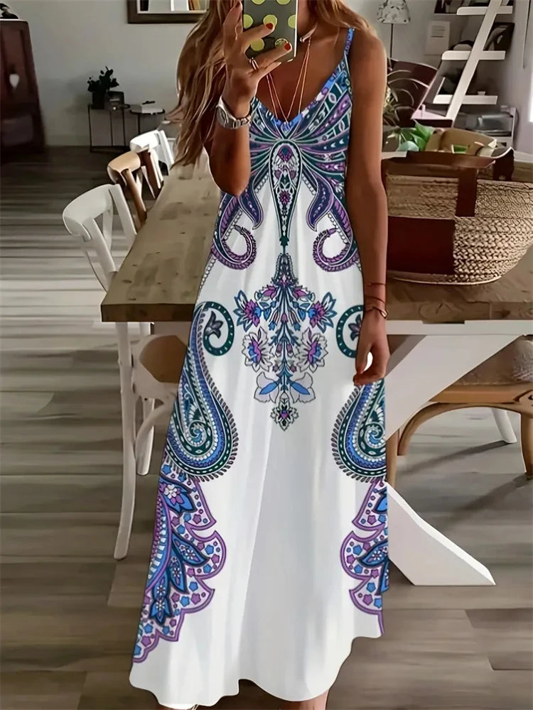 Summer Women's Fashion Vintage Print Maxi Dress Casual Elegant Sleeveless Halters Evening Dress Bohemian Style Women's Dress