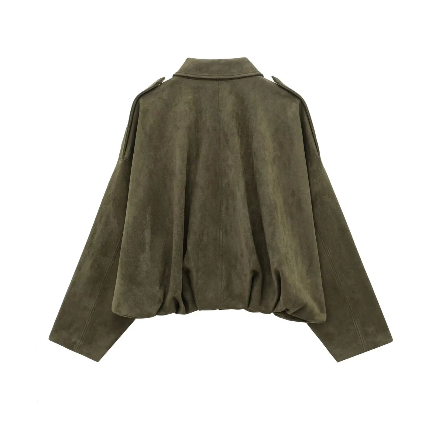 TRAFZA Women Brown Green Suede Jacket Loose Casual Bomber Coat Lapel Zipper Long Sleeve Jackets Vintage Lady Motorcycle Outwears