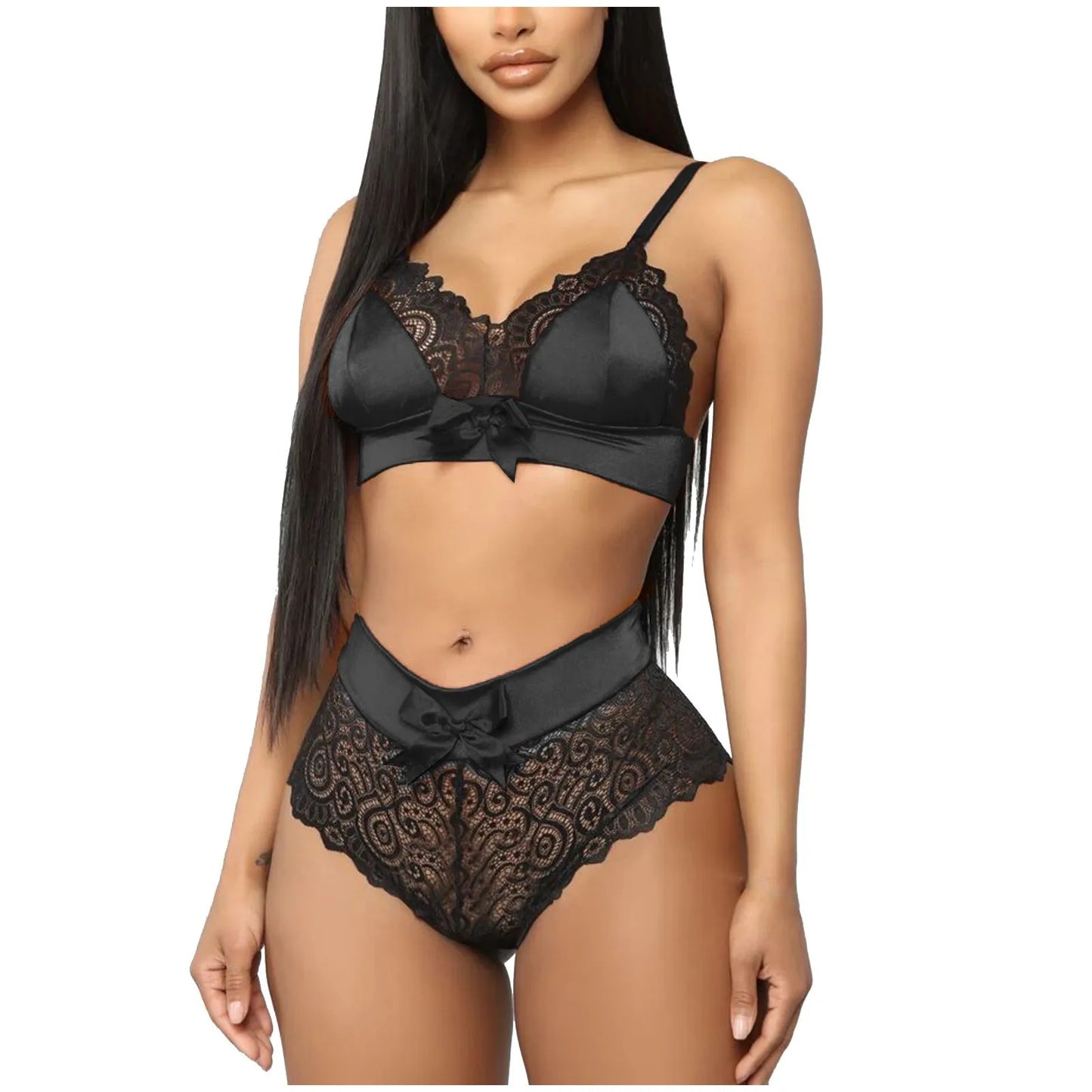 Underwear for Women Female Lace Edge Bow Knot Split Lingerie Ladies Two-Piece Push Up Bra Lingerie Female Hollow Mesh Panty