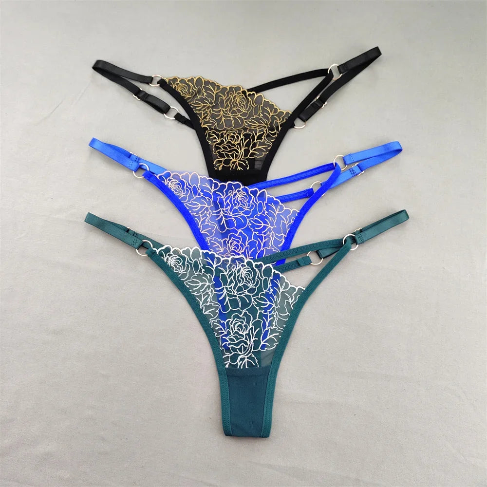3pcs V-shaped Sexy Lace Floral Thong Women Hollow Out V-Strings Adjustable Belt Transparent Underwear