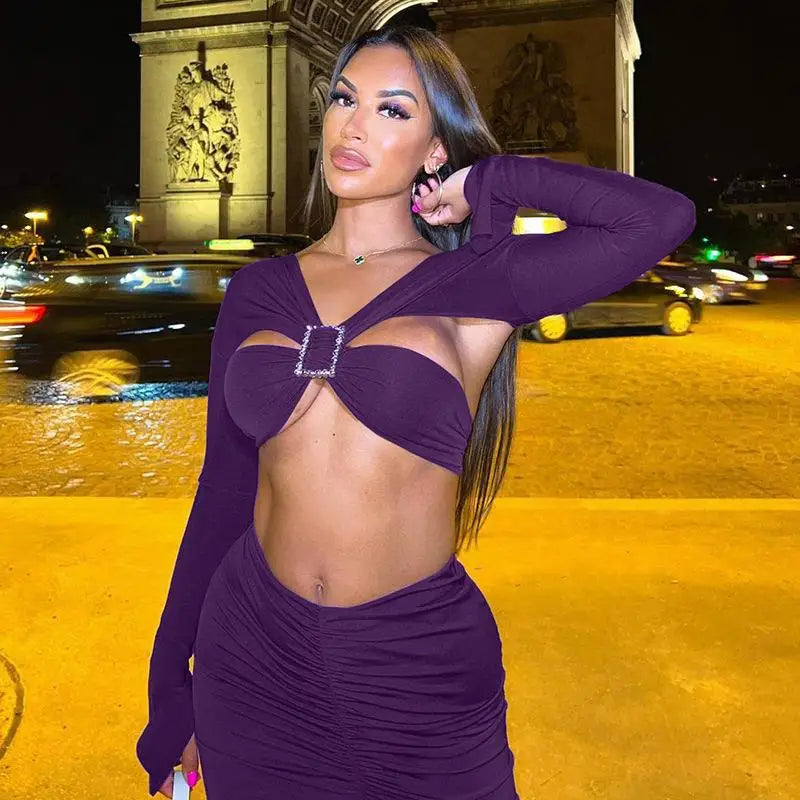 Two Piece Set Long Sleeve Bandage Backless Crop Tops and Skirt Set Women Bodycon Skirts Sexy Split Outfits Beach Casual Dress