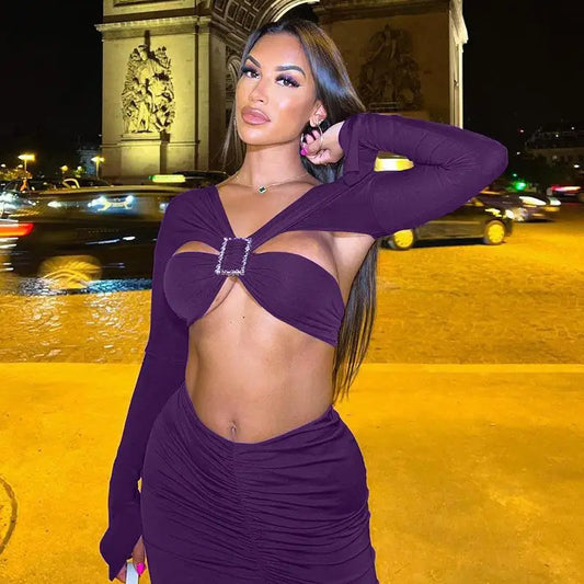 Two Piece Set Long Sleeve Bandage Backless Crop Tops and Skirt Set Women Bodycon Skirts Sexy Split Outfits Beach Casual Dress