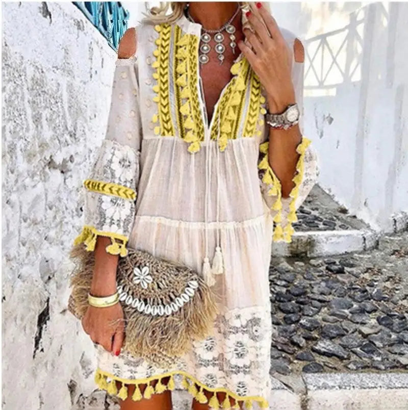 New Spring Embroidery Crochet Lace Boho Dress Women Elegant Off Shoulder Tassel Ruffle Mini Dress Summer V Neck Lady Beach Dress