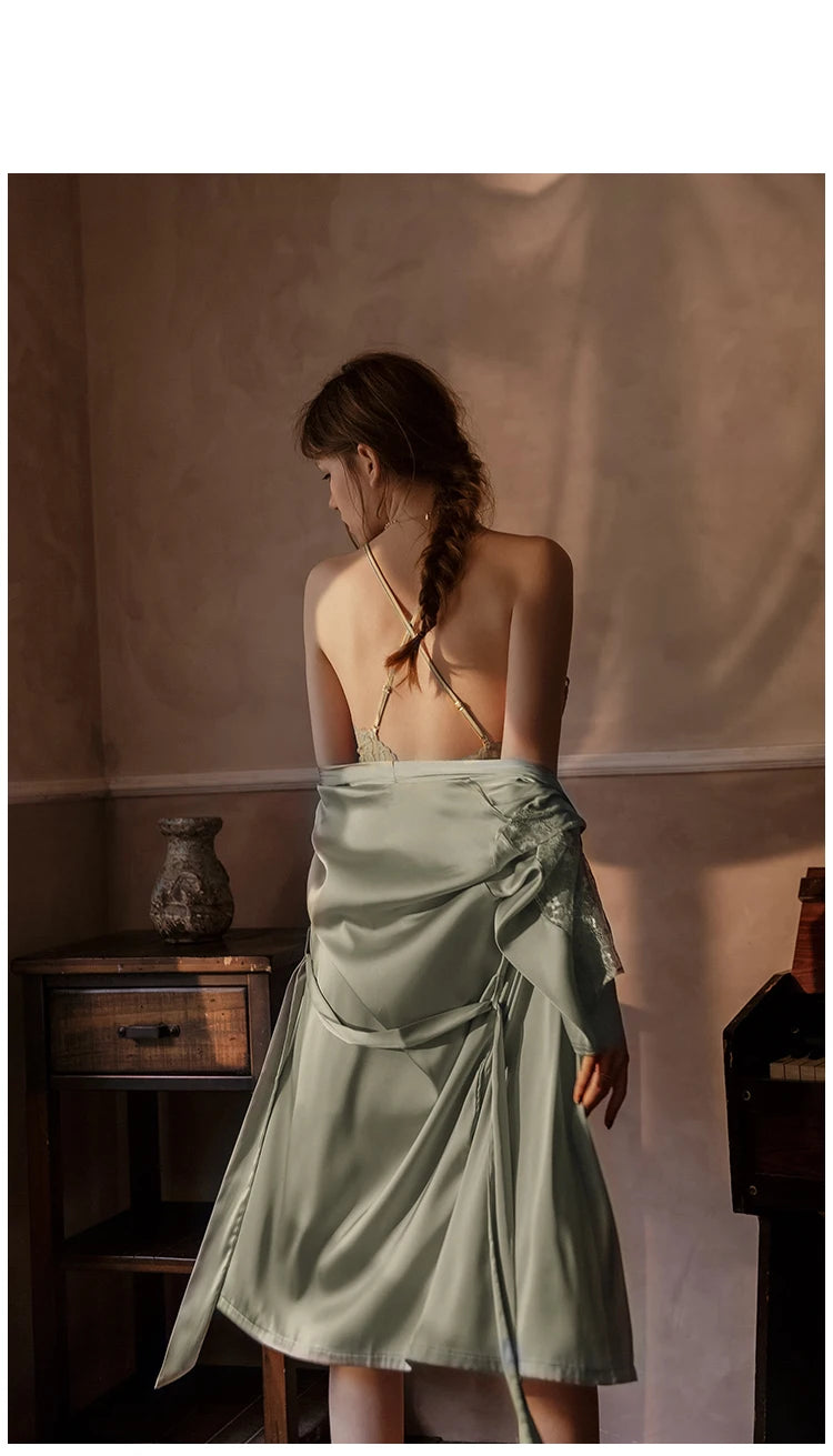 with Chest Pad Sleepwear Dress Backless Strap Nightgowns Lace Hot Temptation Vintage Nightgowns V-neck Nightwear Silk Homewear