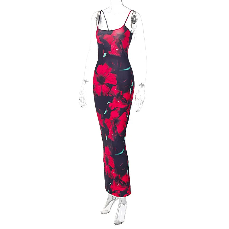 Ladies Summer Floral Print New Fashion Birthday Party Dress Women Sleeveless Backless Sexy Bodycon Maxi Dresses Club Streetwear