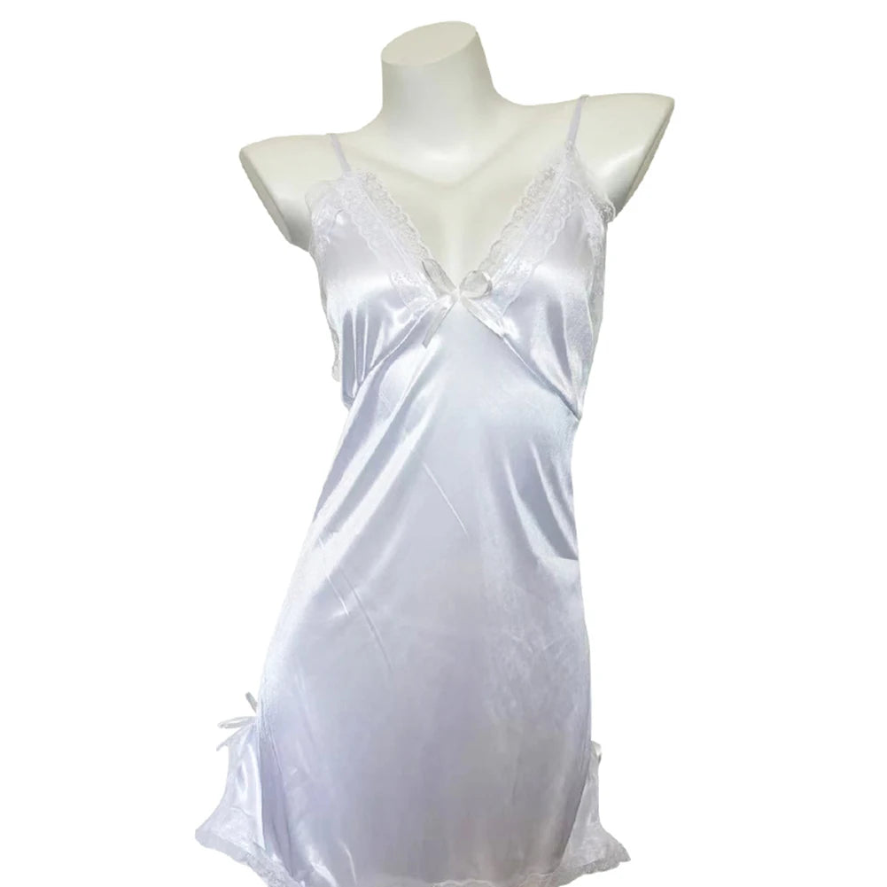 Sexy Lingerie Women Satin Suspender Nightdress Thong Pajama Thin Lace Slit Bow Singlets Dress Teddies Bodysuit Sexy Outfit