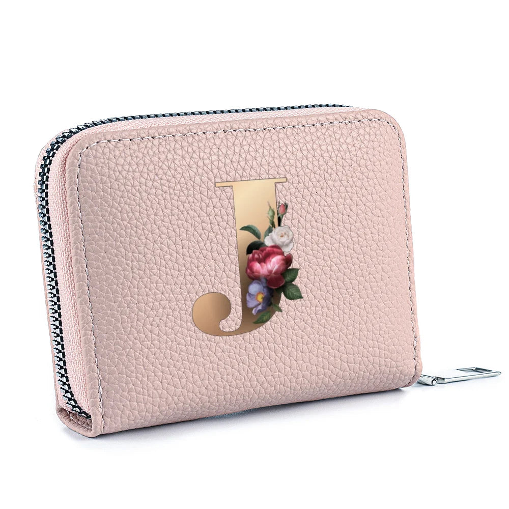 Fashionable Multi Functional 26-Letter Printed Pink Zipper Coin Purse And Credit Card Holder For Women