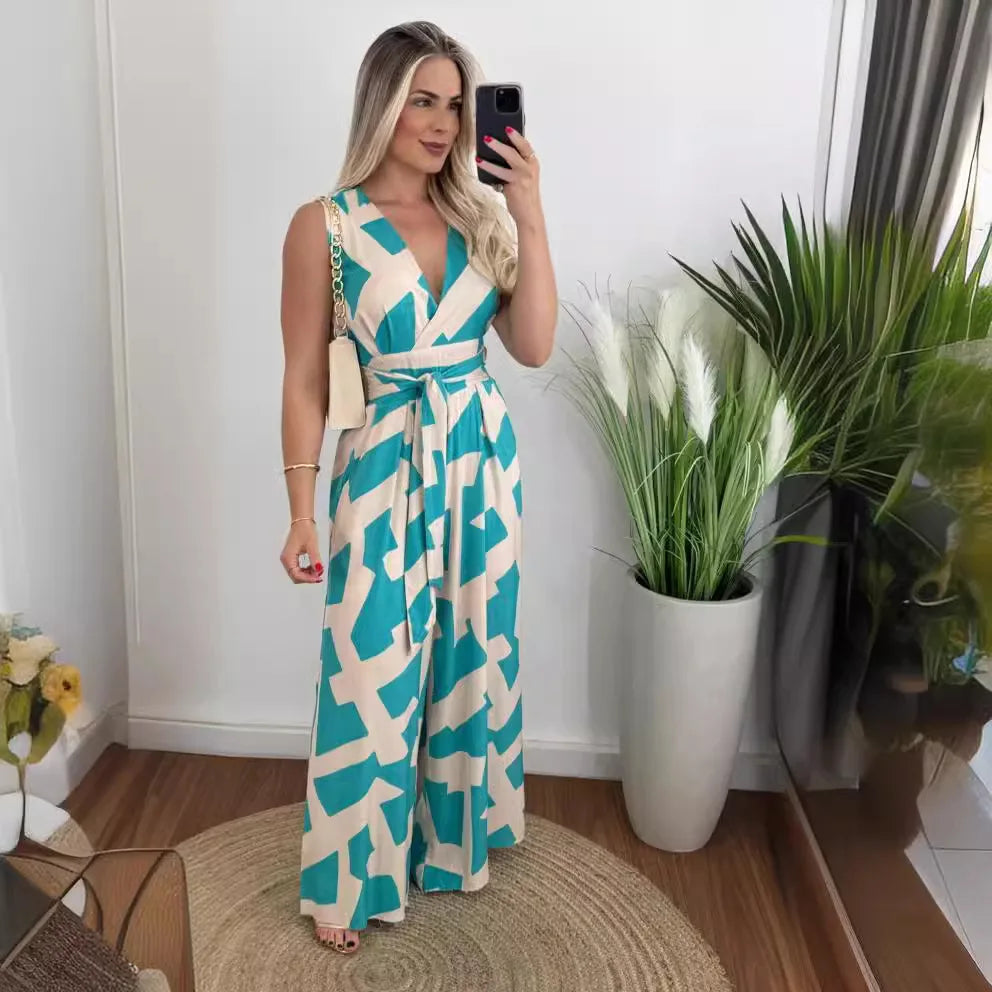 Autumn Women's Fashionable And Casual Jumpsuit Color Matching Deep V-waist Tied Sleeveless Mid Waist Straight Jumpsuit Women
