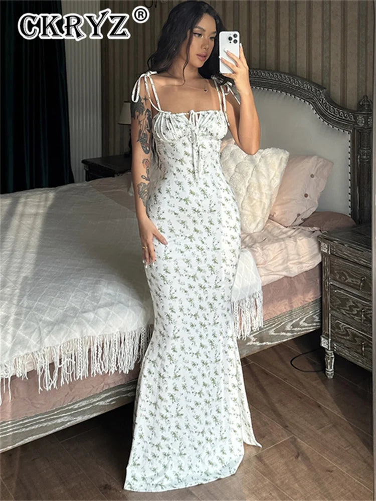 Ladies Summer Floral Print New Fashion Evening Party Dress Sleeveless Backless Sexy Long Dresses Woman Clothes Birthday Clubwear