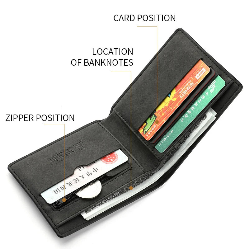 Men's Genuine PU Leather Wallet - Short Vintage Zipper Design with Money Clip, Soft Business Wallet for Students